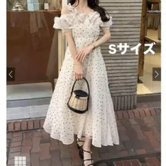 GRL ドット柄フリルオフショルダーフレアロングワンピース[ru1165]