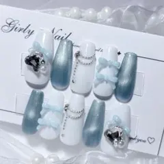 Ｎｏ．現品 ネイルチップハンドメイド 水色白韓国ハートストーンリボンマグネット