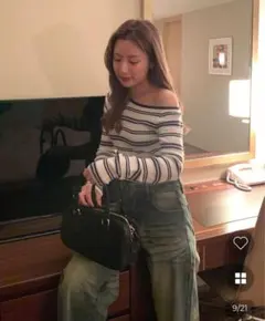 ボーダーカラーオフショルダーTシャツ ワンショル 韓国 トップス 白 nugu