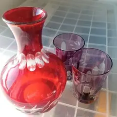 昭和レトロ切子水差し赤 紫コップ2つセット - メルカリ