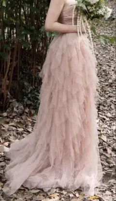 チュールのストラップレス　ロングドレス・ピンクベージュ・M