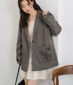 くま様専用【セットアップ対応/裏地なし】フレンチツイル刺繍ジャケット　グレー