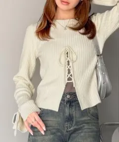 リブ編み ホワイトニット 長袖 mily bilet 春服