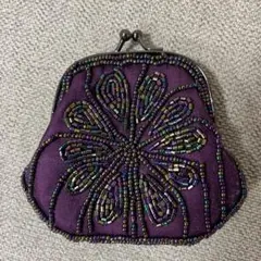 がま口　ビーズ　小銭入れ　紫　レトロ