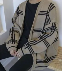 Vネック チェック柄 ニット カーディガン ボタンセーター