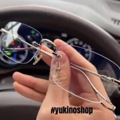 シルバーメタルフレーム 長方形メガネ　リムレスサングラス　y2k 度なし