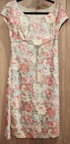 ゴールドチェーン付 花柄ジャガードワンピース ドレス 結婚式 M相当