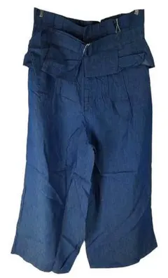 KJC1722◇新品 デニムワイドパンツ コルセット風デザイン ブルー L
