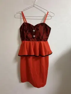 オレンジ レーストップ ペプラムドレス