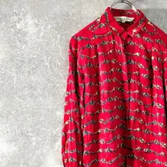 Christian Dior　ヴィンテージ シルクシャツ　総柄シャツ　レッド