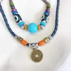 ウッドビーズ 硬貨 ターコイズ ネックレス 男女兼用 紐 インディアン トルコ