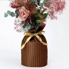 花巾着　茶色　折りたたみ花瓶　ブラウン　M　割れない 軽量 北欧風　ストライプ