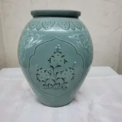 蔵出し特価青緑色の花瓶 陶器製作家物高さ21cm幅15cm×13cm