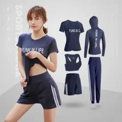 レディーススポーツウェア運動服5点ダイエットヨガジムレーニングシェイプアップS青
