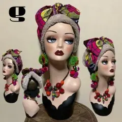 顔まわりフラット　ファー　アフリカンリボン　アレンジヘアターバン