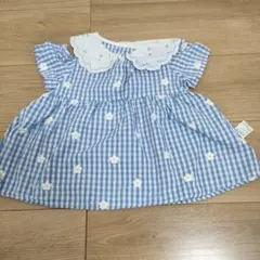 水色チェック 花柄刺繍 ワンピース 半袖