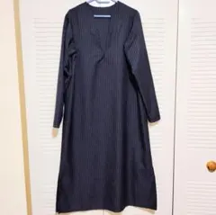 D8　ストライプ柄　ネイビー　長袖シャツワンピース M