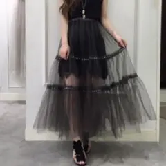 la belle Etude チュールギャザースパンコールスカート ブラック　黒