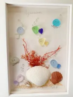 シーグラスアート　Aquarium  ハガキサイズ木製BOXフレーム
