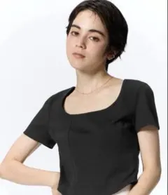 GU スクエアネック ショート丈 Tシャツ ダークグリーン