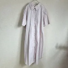 シャツワンピース　ピンク　ストライプ　半袖　ロング　襟