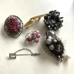 花モチーフ ヴィンテージ風ブローチ6個セット