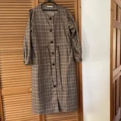 ブラウン チェック柄 長袖 シャツワンピース