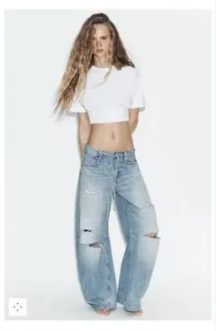 完売品⭐︎ZARA TRF ダメージ加工ミッドライズバギージーンズ 32