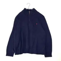 美品 ポロラルフローレン ハーフジップ コットンニット XL ネイビー 　ポニー