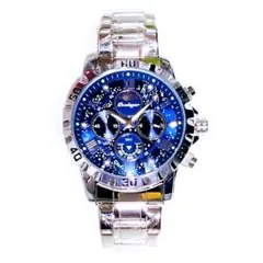 クロノグラフクォーツ ムーンフェイズ 腕時計 クォーツ 発光 耐衝撃 防水　青色