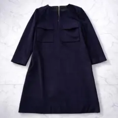 美品 Drawer ワンピース チュニック ウール シルク 36 S 紺 日本製