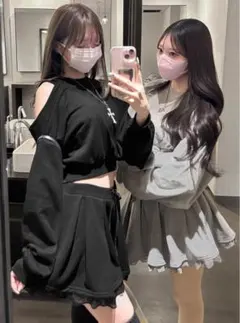 インパン裏地付き レース スウェットプリーツミニスカート グレー