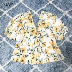 ギャップ　Ｖネックブラウス(L)リネンブレンド　花柄　パフスリーブ　フェミニン
