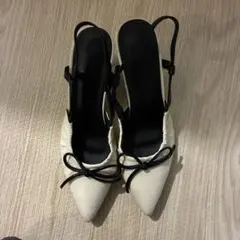 ZARA アイボリー リボン　ポインテッドトゥパンプス風