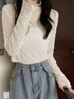 リブ編みホワイト長袖シャツ　GRL