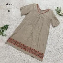 シュカ　チュニック　ワンピース　Vネック 半袖　リネン100%刺繍　M ベージュのサムネイル