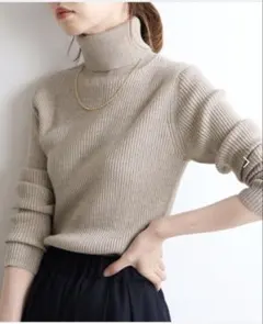 ベージュ タートルネックニット リブ編みセーター　IENA