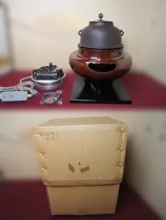 ☆未使用 在銘唐銅朝鮮風炉釜 唐銅蓋 釜鐶 500W(可変)電熱器 敷板送料込みのサムネイル