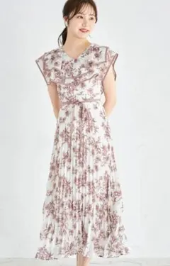 ウエストリボン付きフラワーアソートプリントビックカラープリーツワンピース　ピンク