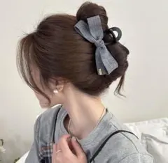 【リボン】バンスクリップ グレー　大きめ ヘアクリップ　上品　可愛い　韓国