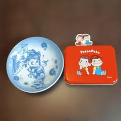 不二家 可愛いペコちゃん ポコちゃん 缶ケース ⭐美濃焼皿セット