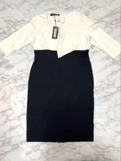 ワンピース　7部袖　黒　白　バイカラー　膝丈　新品　セレモニー　2XL 大きめ