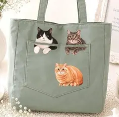 ま*る様 猫バッグ　ポケットからひょっこり仲良し猫　新品バッグ　ミント色　オリジ