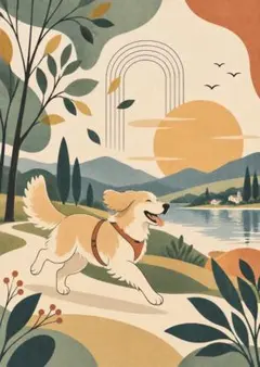 【3枚で1200円】☆湖畔を走る犬の幻想的イラストポスター