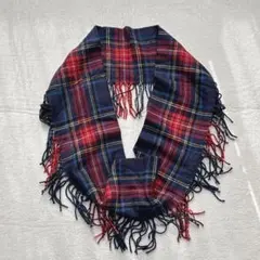 チェック柄 スヌード 二重巻き マフラー 秋冬 防寒 ネイビー×レッド