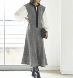 【美品】 ルイルエブティック　キーネックパールレイヤードツイードワンピース