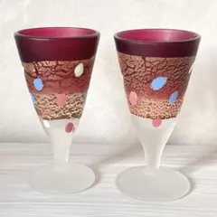 【希少/箱なし】金箔玻璃　高杯グラス　ペア　水玉　ワイン　日本酒　津軽びいどろ