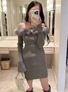 ファーオフショルダーニットミニワンピース[an1346]