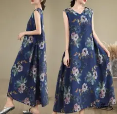 F 新品　26年度　春夏　薄手　フラワー　ノースリーブ　ネイビー　V字襟　マキシ