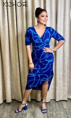 青のラップスタイルひざ丈ワンピース